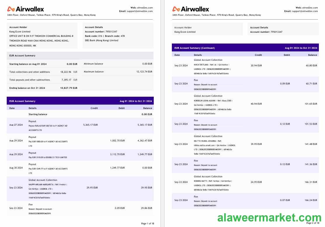 Hong Kong Airwallex Limited account statement, 18 pages